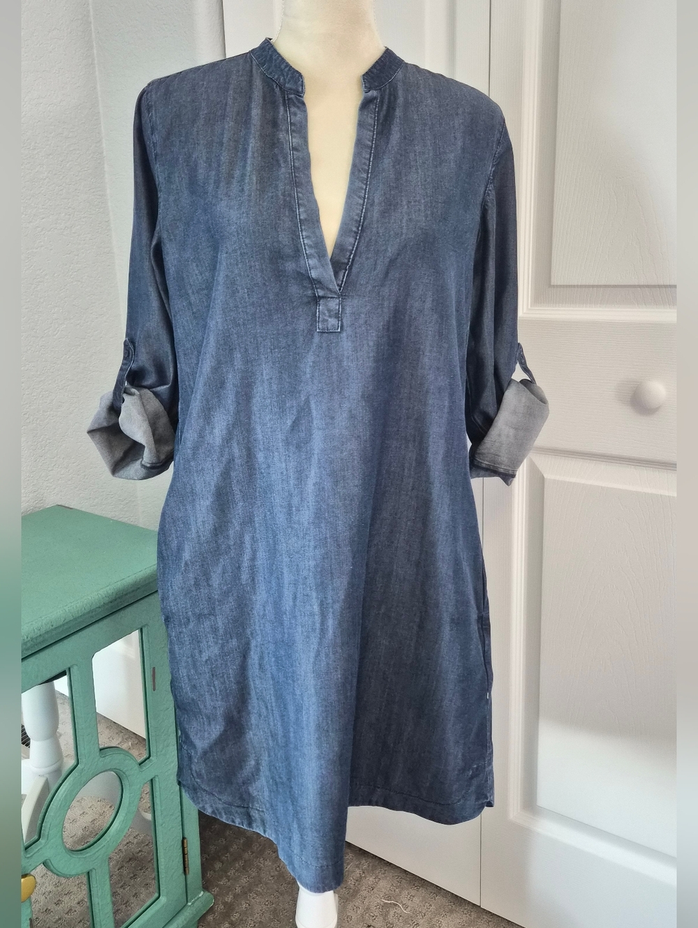 Hallhuber Chambray Shift Dress Minimalist Casual Coastal Chic US 6